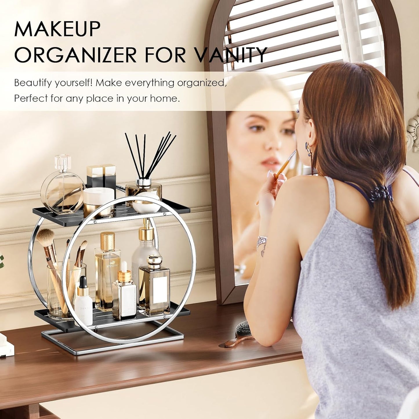 2-Tier Bathroom Organizer Countertop, Silver Black Perfume Organizer for Dresser, Multi-Purpose Makeup Organizer, Large Cosmetic Skincare Organizers, Exquisite Vanity Storage, Ideal for Gift