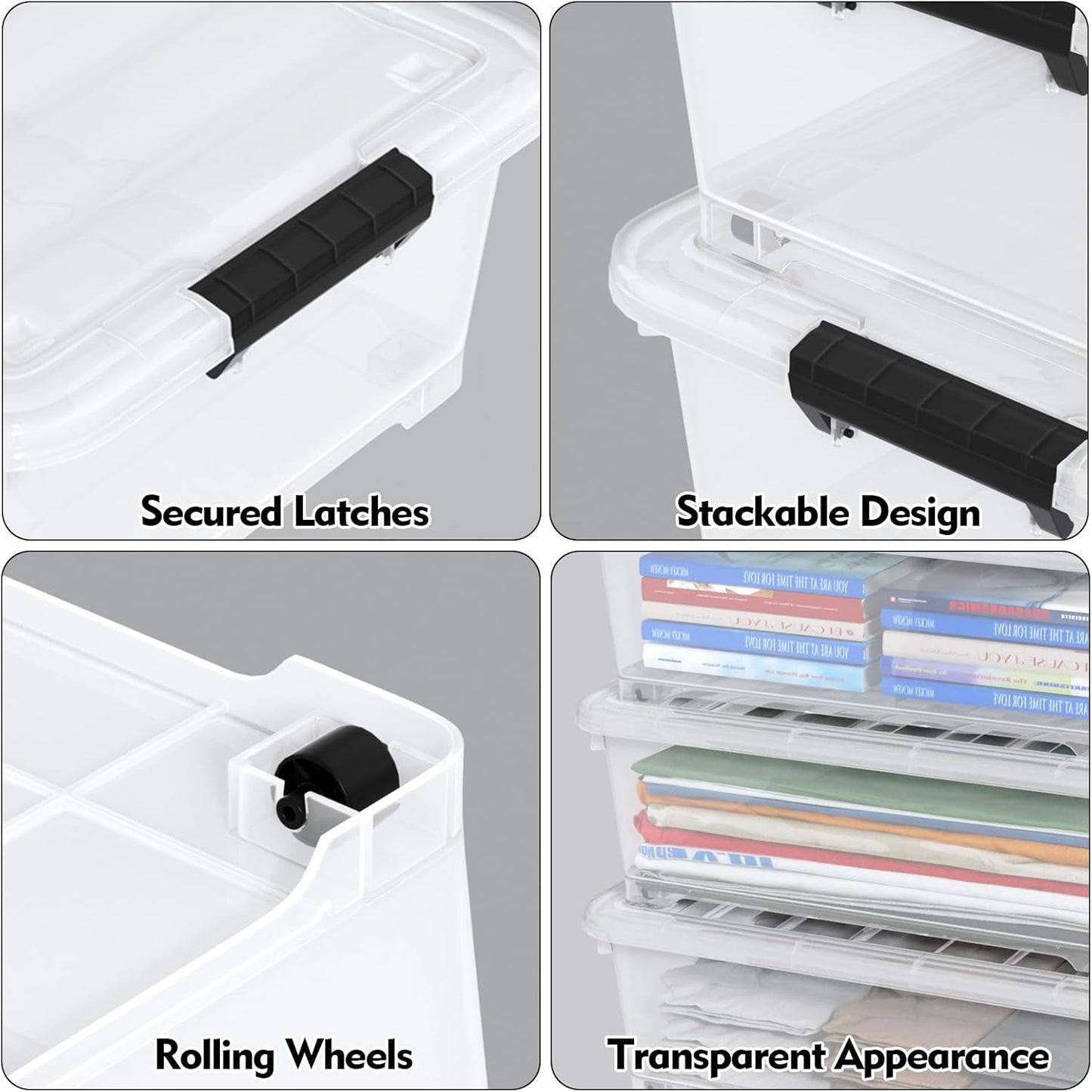 4 Packs 20 Quarts Under Bed Plastic Storage Bins with Lids, Clear Underbed Storage Containers with Wheels