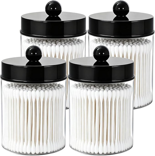 AXX Qtip Dispenser Apothecary Jars Bathroom - Qtip Holder Storage Canister Clear Plastic Jar for Cotton Swab,Q-Tips,Cotton Rounds (F#Black 4Pcs)