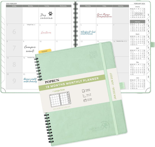 POPRUN Monthly Planner 2026-2027 (Large 8.5" x 10.5") 18 Months Calendar (Jan 2026 - Jun 2027) - 4 Pages per Month with Expense & Notes, Stair-like tabs, Leather Cover, Sunday Starts - Green