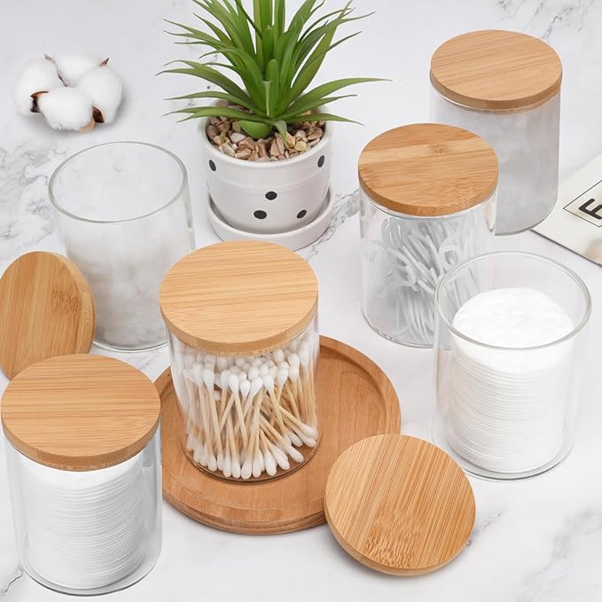 6 Pack Glass Qtip Holder Dispenser Set - Apothecary Jars with Lids for Vanity Makeup Organizer - Bathroom Canister Storage Organizer