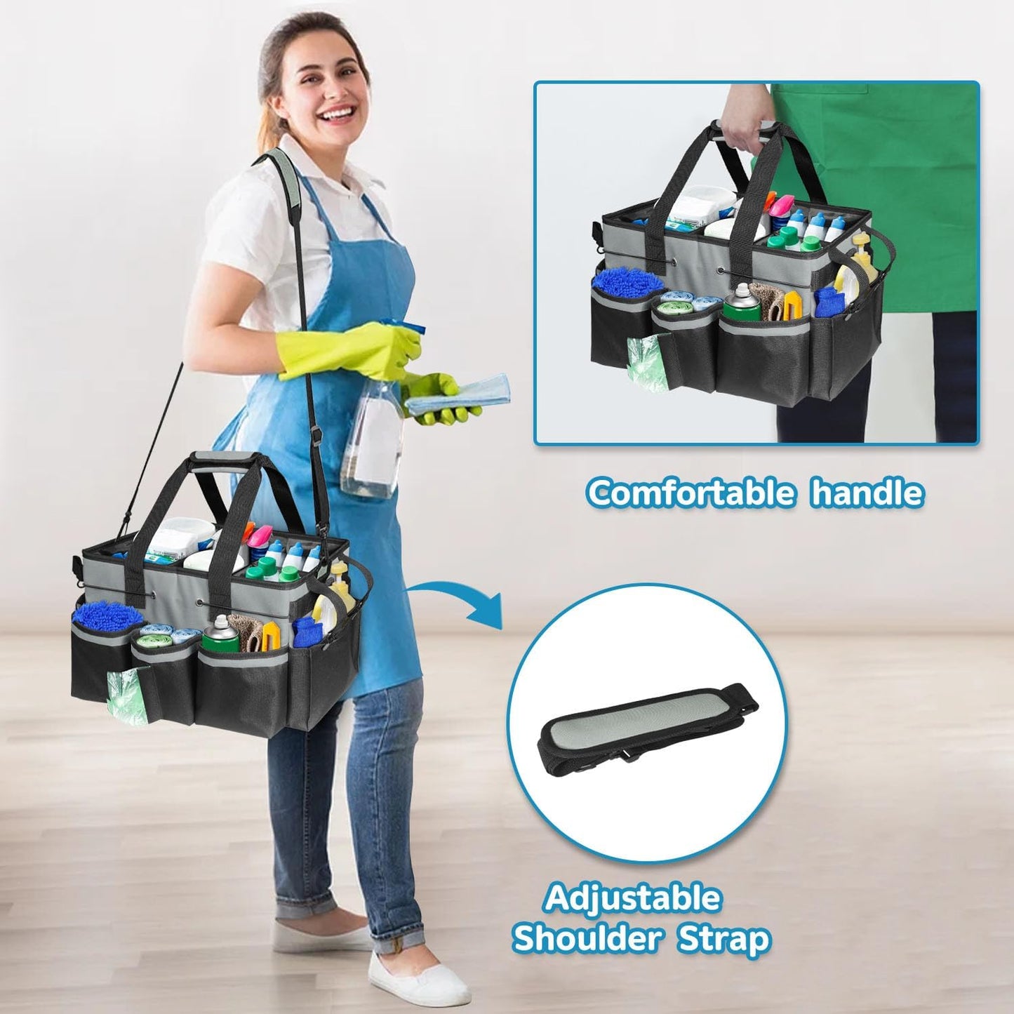 Organizer with Handles for Cleaning Tools, 17.8*12.2*9.3in Large Cleaning Caddy Bag Waterproof Car Cleaning Tool Organizer Bag with Shoulder Detachable Divider for Cleaners Housekeeper(Grey)