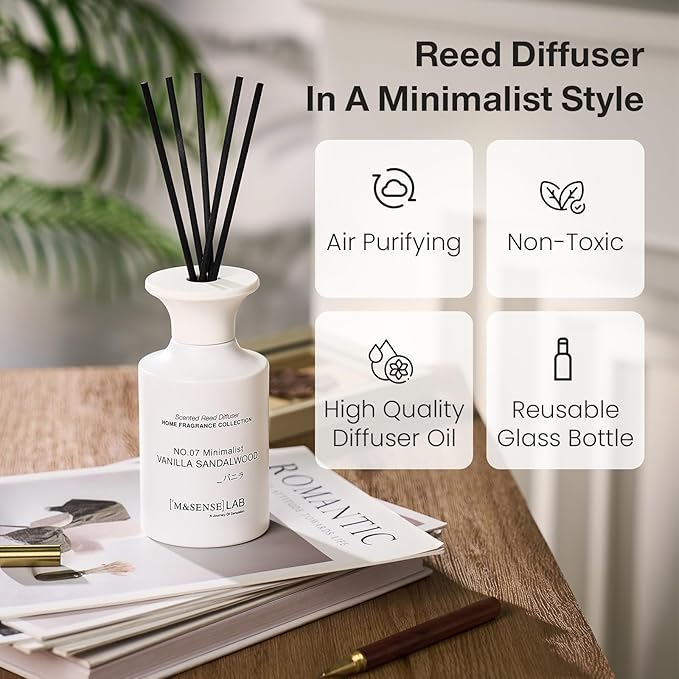 M&SENSE Minimalist Large Reed Diffuser 300ml, Vanilla Sandalwood Scented with Natural Essential Oils, Long Lasting with 7 Sticks, Non-Toxic Home Fragrance for Bedroom, Bathroom Decor