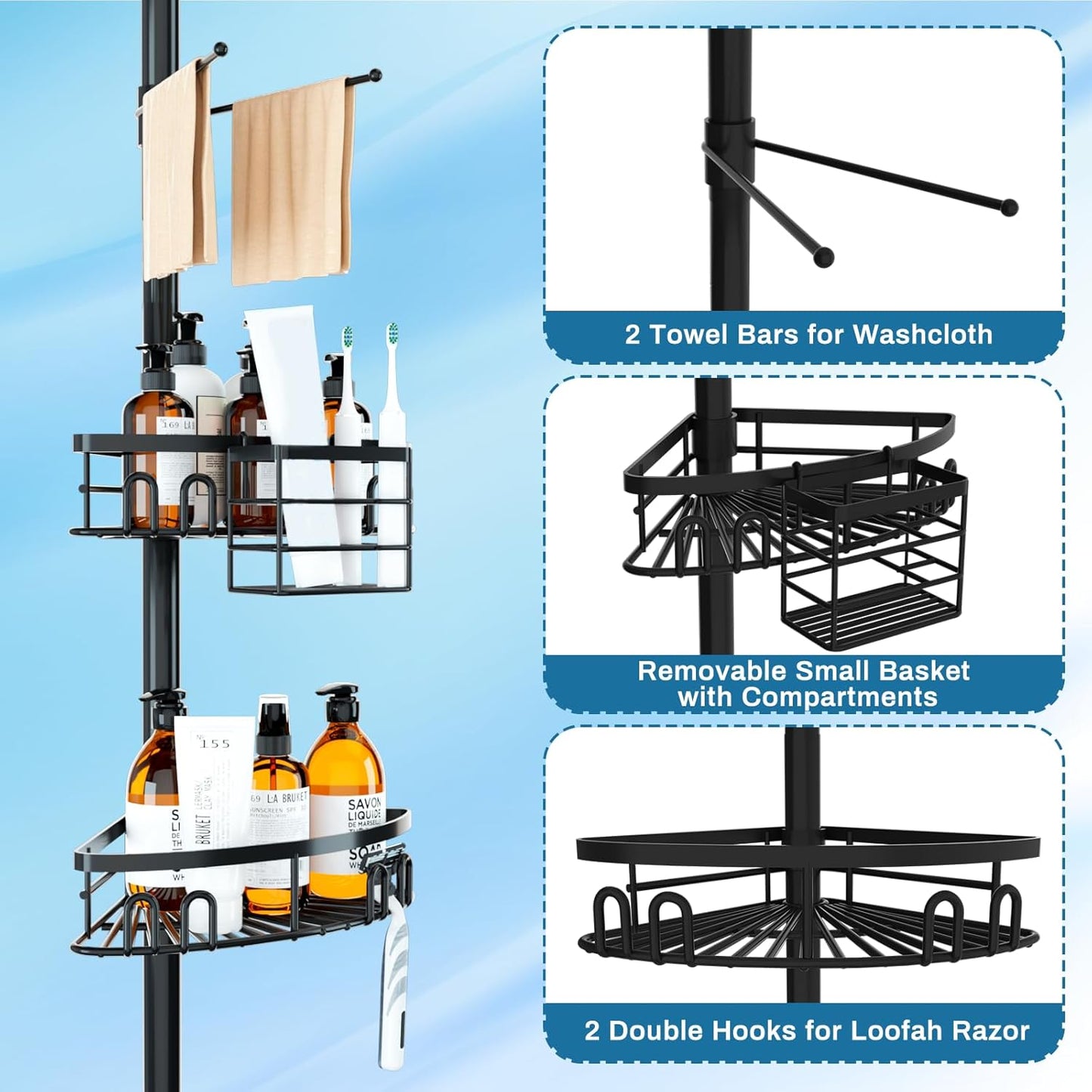Rustproof Corner Shower Caddy Freestanding Tension Pole, 4 Large Baskets for Bathtub Shampoo Storage Organizer Bathroom Height Adjustable Shelves from 23.6 to 114.5 Inch with Towel Bar