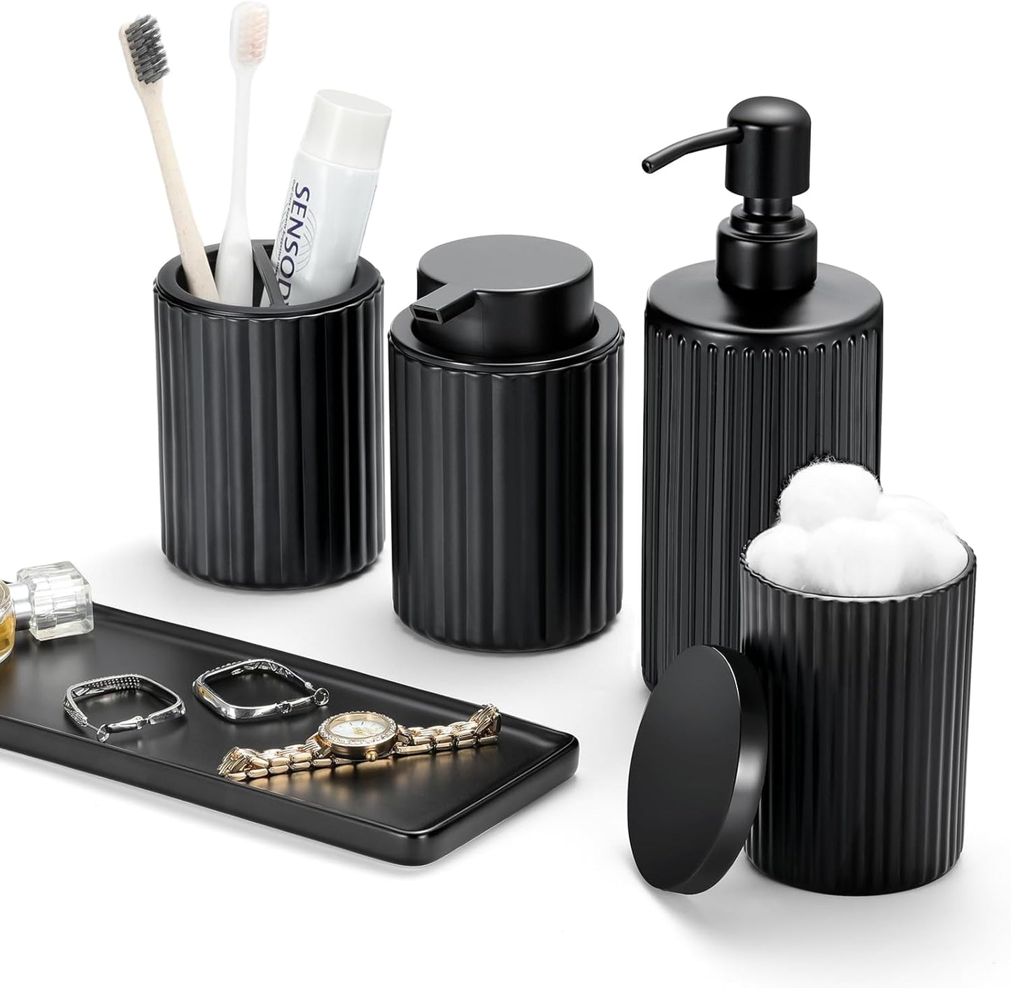 Shinowa Black Bathroom Accessories Set, 5 Pcs Bathroom Toothbrush Holder Sets with Soap Dispenser, Foaming Dispenser, Q-Tip Holder, Ceramic Tray, Bathroom Countertop Accessories Complete, Matte Black