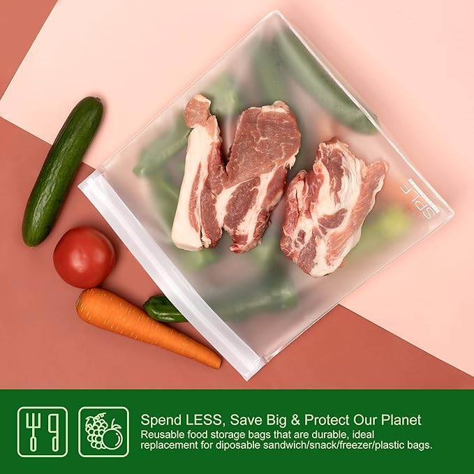 SPLF 4 Pack Dishwasher Safe Reusable Storage Bags, Reusable Gallon Freezer Bags, BPA FREE Stand Up Extra Thick Leakproof Silicone and Plastic Free Zipper Sandwich Snack Lunch Food Bags