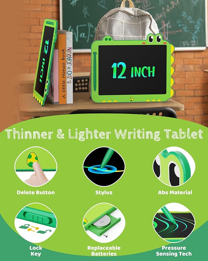 TEKFUN LCD Writing Tablet for Kids, 12 Inch Doodle Board Colorful Drawing Tablet, Reusable Electronic Pads Educational and Learning Toys Gifts for 3-13 Years Old Boys and Girls (Green)