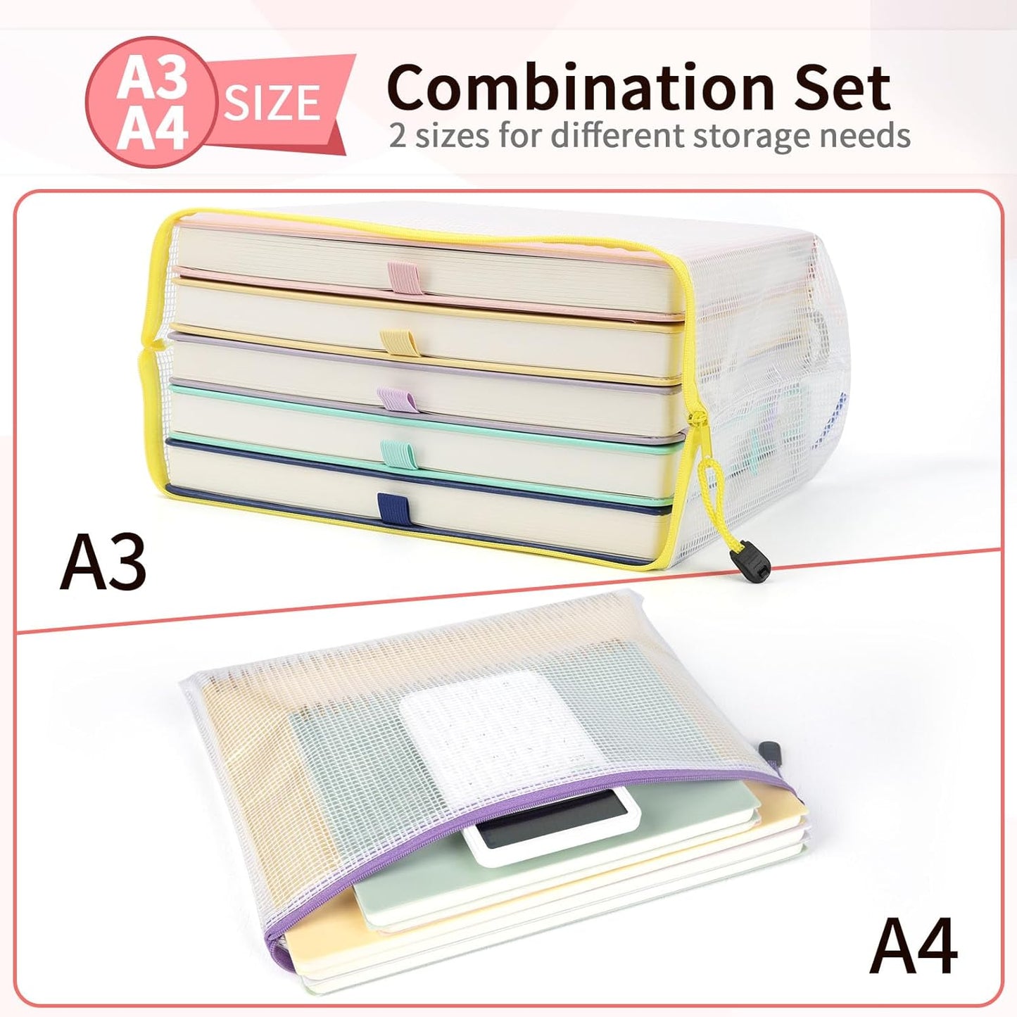 Umriox Mesh Zipper Pouch Bags, A3+A4 (12 Colors, 24 Packs), Large Storage Bags, Zipper Bags for Office Supplies Travel Accessories and Board Games Storage