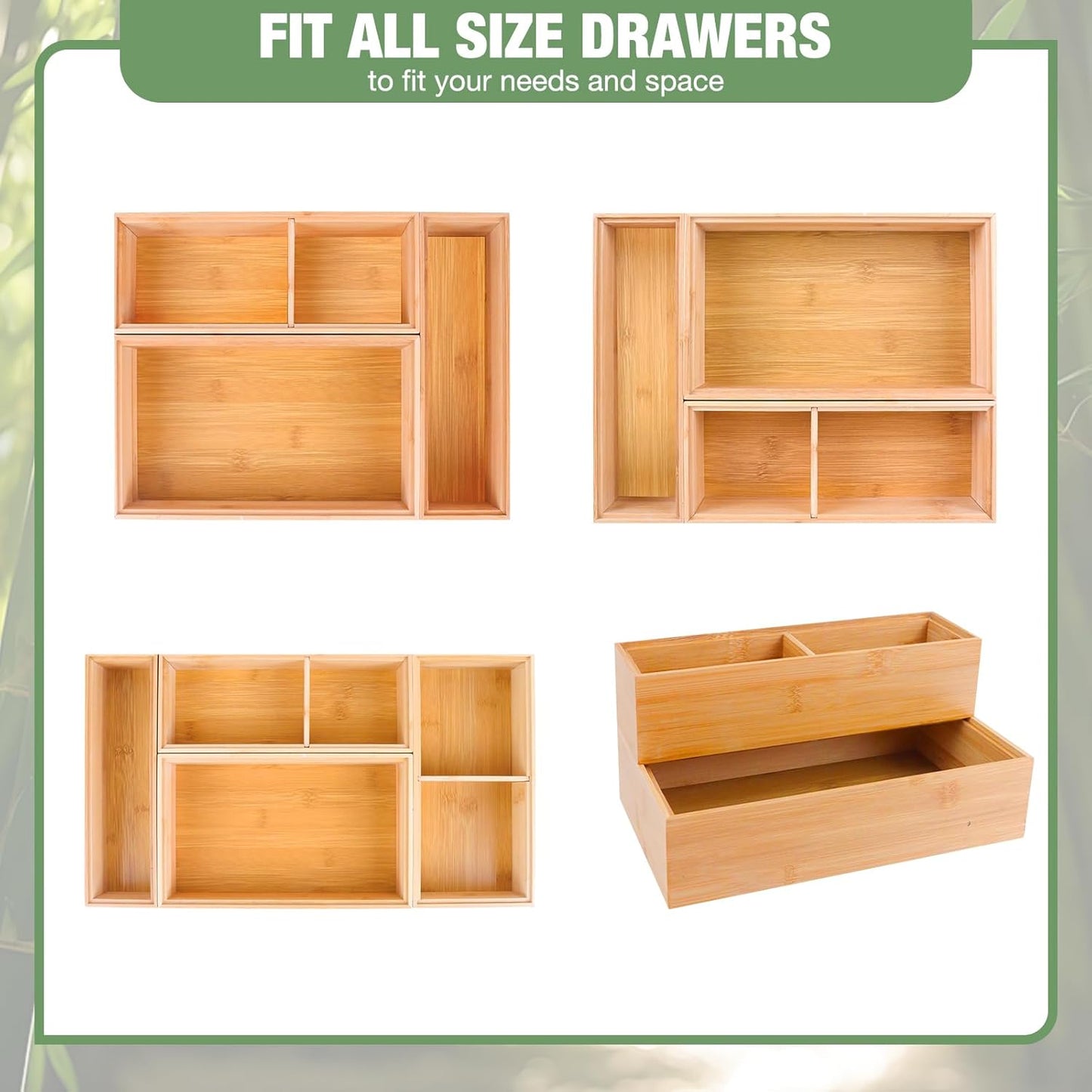Bamboo Drawer Organizer,5 PCS Silverware Organizer & Kitchen Organizers and Storage,Utensil Drawer Organizer With Removable Dividers for Kitchen,Utensils,Bathroom,Office,Makeup(Natural)