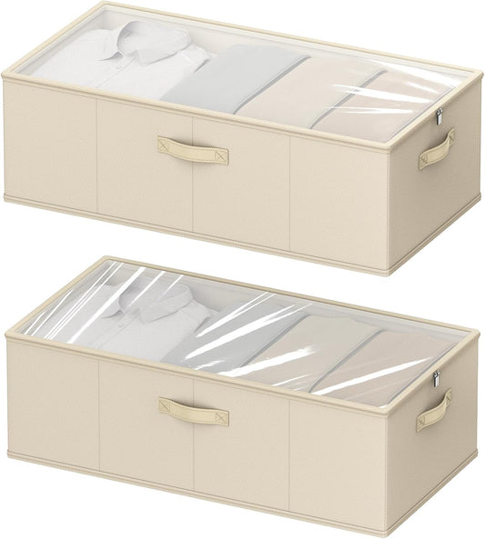 2 Pack Under Bed Storage Containers, 10 Inch Tall Underbed Clothes Storage Organizer Bin with Clear Window，Foldable Box Basket for Clothes, Closet, Bed Sheets and Blankets Beige
