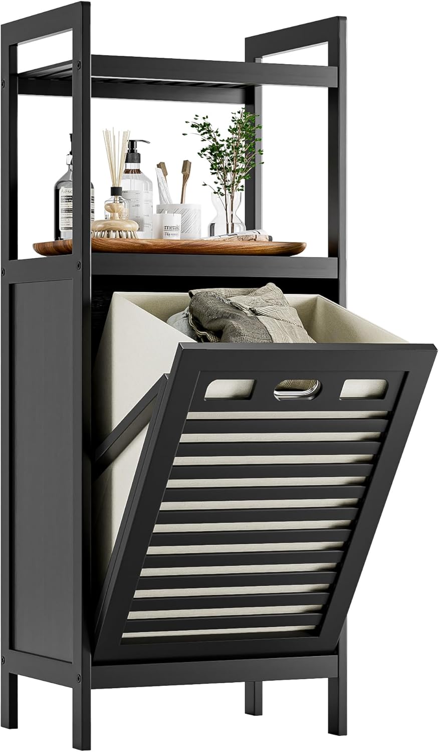 HITNET Tilt Out Laundry Hamper, Bamboo Bathroom Cabinet with Pull Out Removable Bag and 2 Tier Storage Shelves, 8.5 Gallon Clothes Basket with Metal Handle, Black