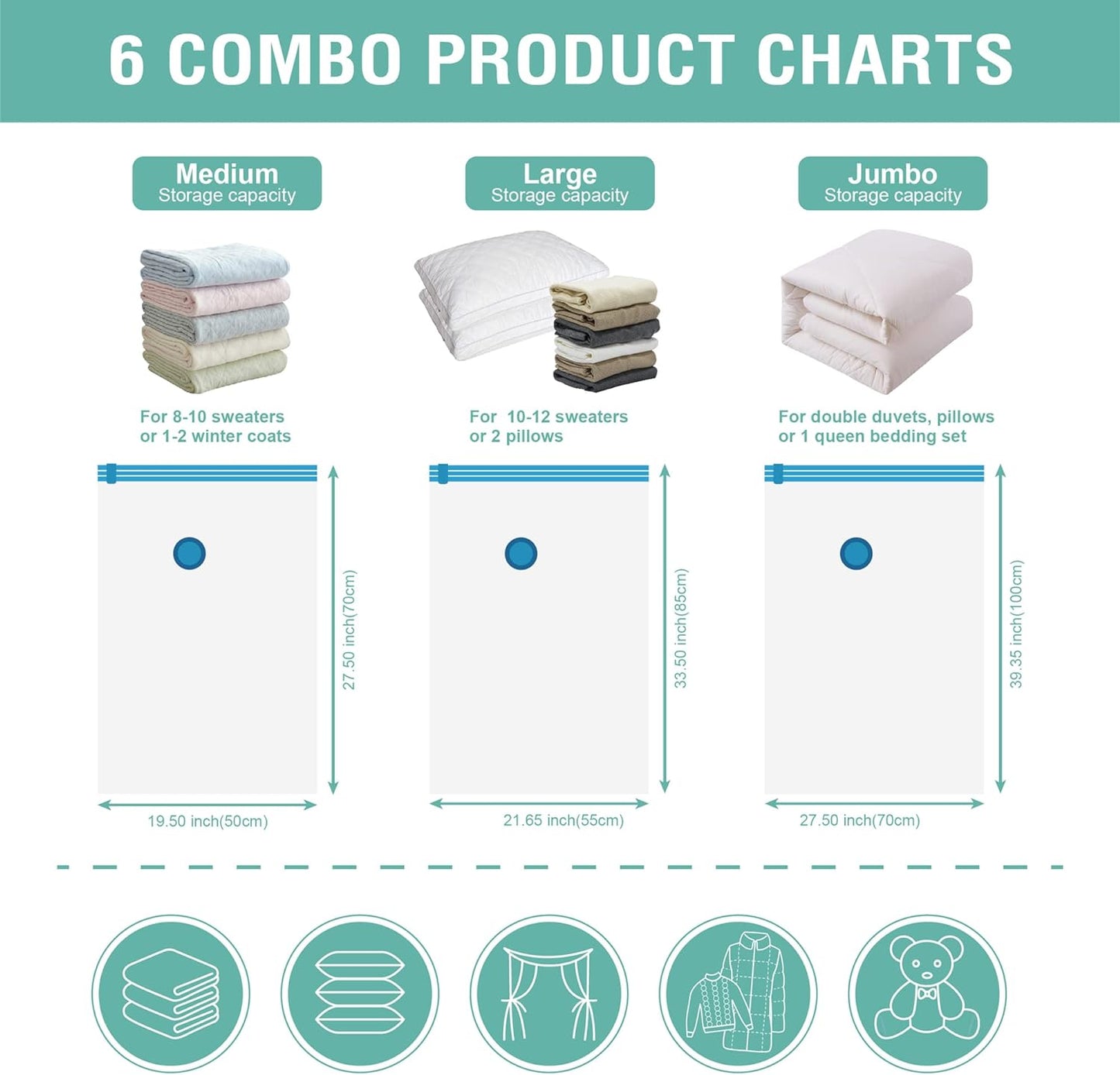 6 Pack Vacuum Storage Bags, Space Saver Bags (2 Jumbo/2 Large/2 Medium) Compression Storage Bags for Comforters and Blankets, Vacuum Sealer Bags for Clothes Storage, Hand Pump Included