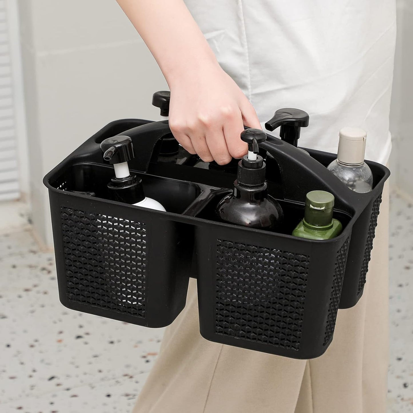 UUJOLY Plastic Portable Shower Caddy Basket Bucket, Cleaning Shower Basket with Handle Compartments Storage Basket Organizer for Bathroom Kitchen College Dorm Sink, Black