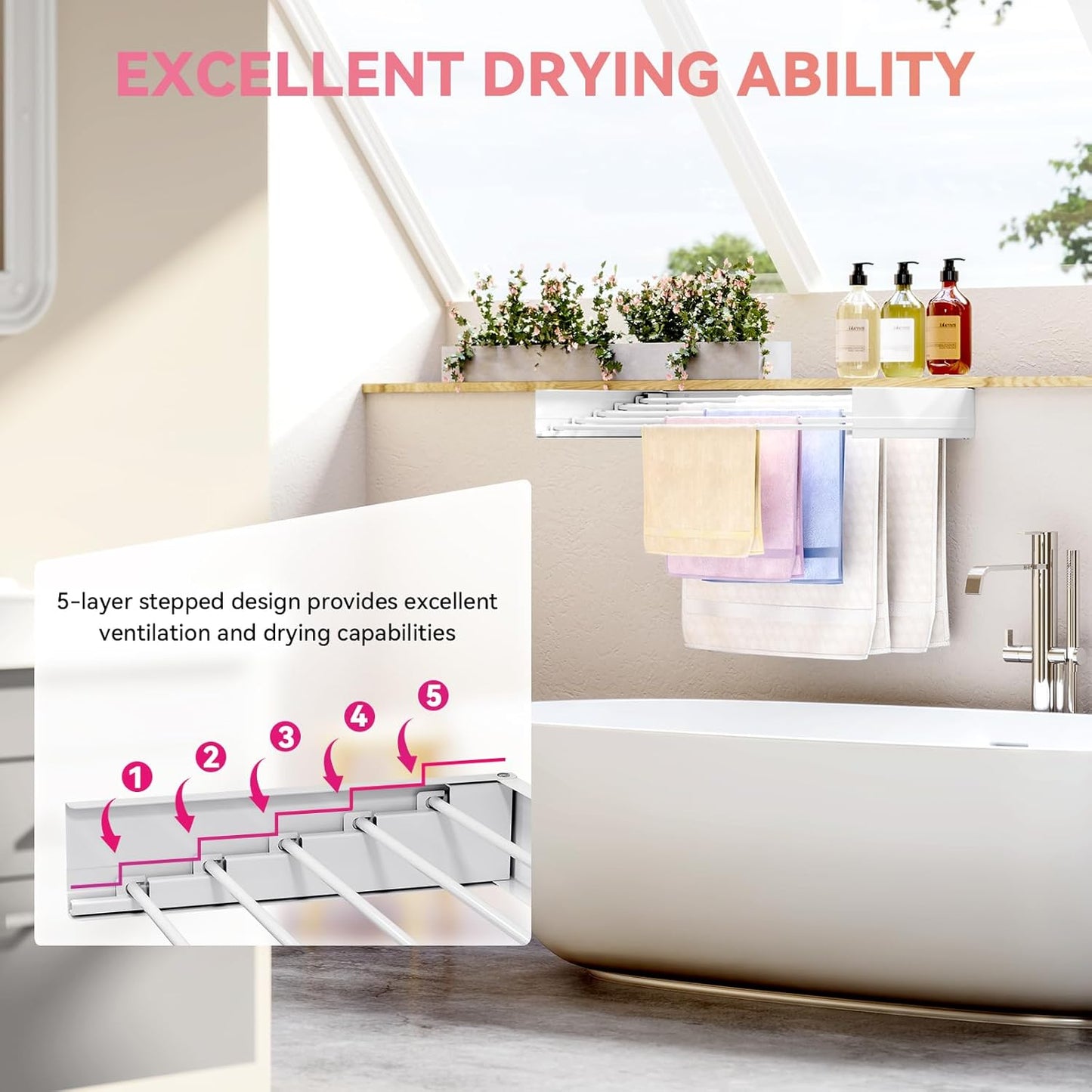 APEXCHASER Wall Mounted Clothes Drying Rack Laundry Drying Rack Retractable, Towel Racks for Bathroom Balcony Laundry Room Wall Mount, Foldable Drying Rack for Clothing, 31.5", White