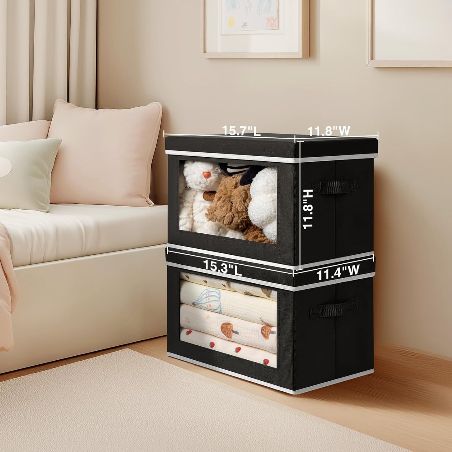 Storage Boxes with Lids - 4 Pack Fabric Clear Window Storage Bins, Large Decorative Storage Bins with Handles, Linen Closet Organizer for Clothes, Towel, Blanket, Black