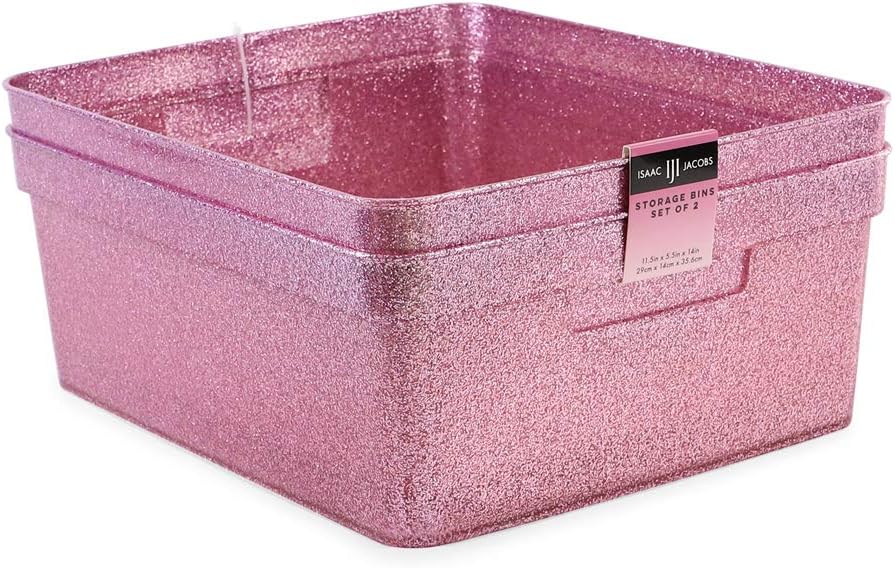 Isaac Jacobs Medium Glitter Storage Bin (14” x 11.5” x 5.5”) Set w/Cut-Out Handles, Plastic Organizer, Multi-Functional, Home Storage Solution, Kids Playroom, Bedroom, Closet (2, Pink)