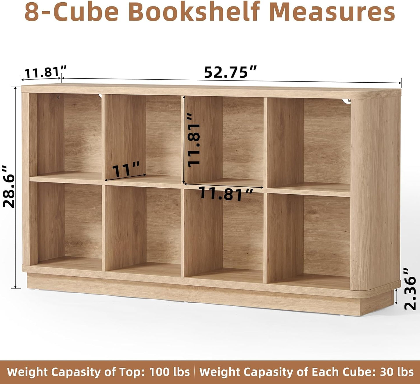 8 Cube Storage Book Shelf, 52" Long Horizontal Bookshelf with Curved Edge, Floor Standing Wooden Cubby Bookcase with Base, Modern Low Console Book Case, TV Stand for Living Room, Natural Oak