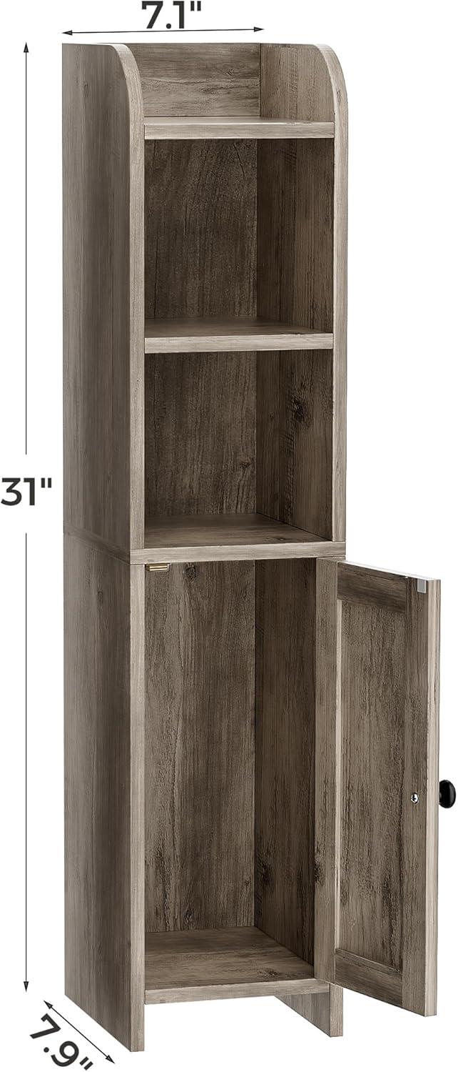 Homhedy Small Bathroom Storage Corner Floor Cabinet with Door and Shelves, Beside The Toilet Paper Stand for Skinny, Narrow Toilet Paper Cabinet, 7.9" D x 7.1" W x 31" H, Greige