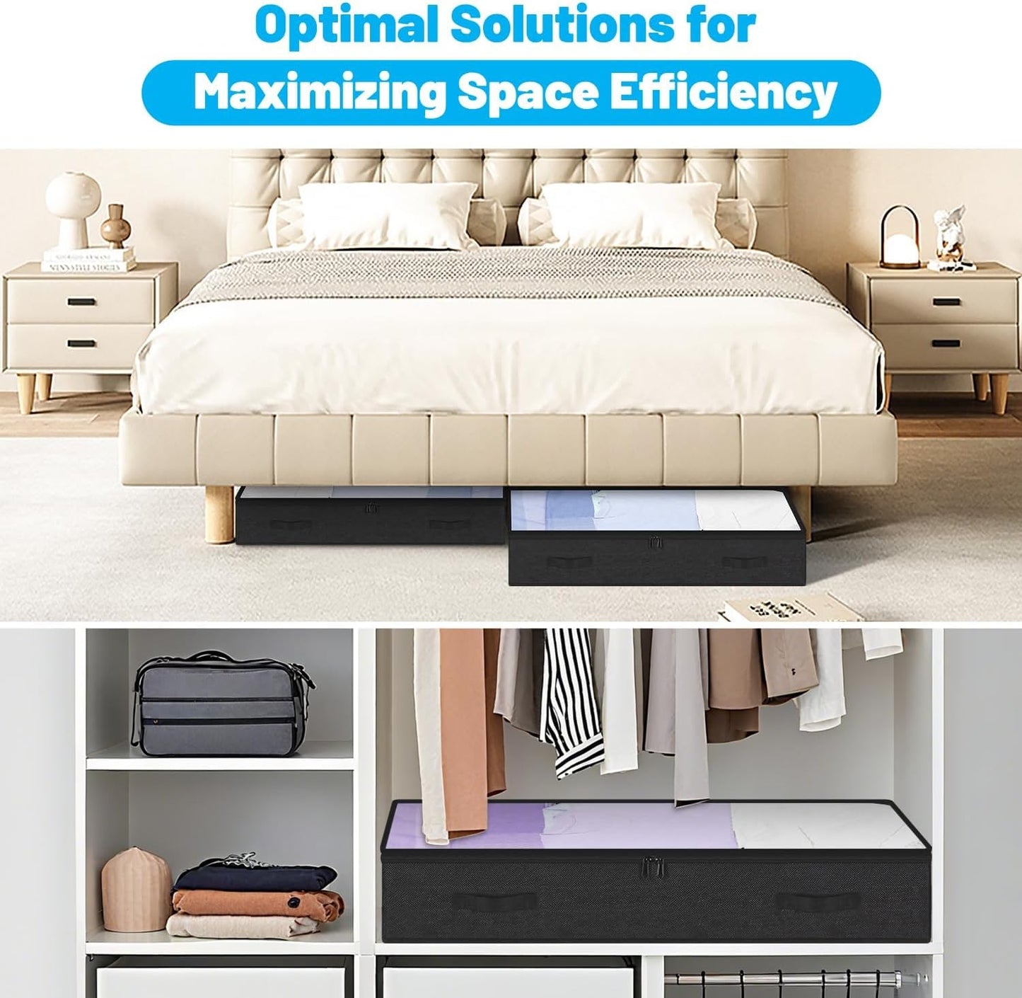 4 Pack 100L Under Bed Storage Containers, Low Profile Closet Organizers and Storage Bins for Dorm, Foldable Underbed Bag for Clothes, Blanket, Sheet, Wrapping Paper, Clear Window & Dual Zippers, Black