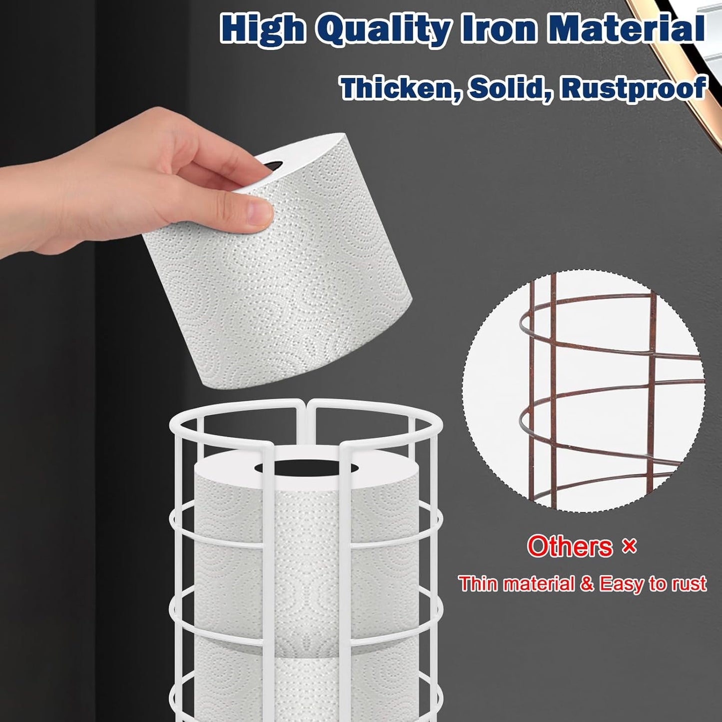 NearMoon Toilet Paper Organizer Stand, Free Standing 3 Rolls Tissue Storage, Metal Bathroom Accessory, Rustproof Toilet Roll Holder for Kitchen Countertop Inside Cabinet Shelf(Metal Base, White)