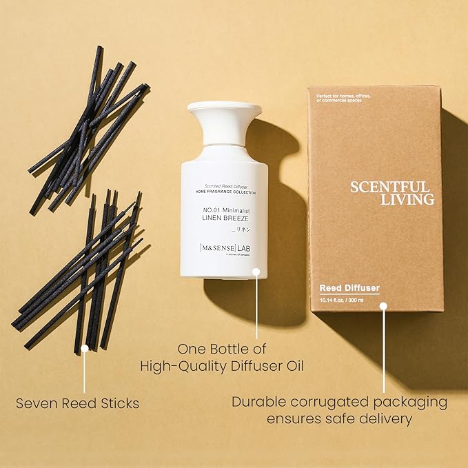 M&SENSE Minimalist Large Reed Diffuser 300ml, Linen Breeze Scented with Natural Essential Oils, Long Lasting with 7 Sticks, Non-Toxic Home Fragrance for Bedroom, Bathroom Decor