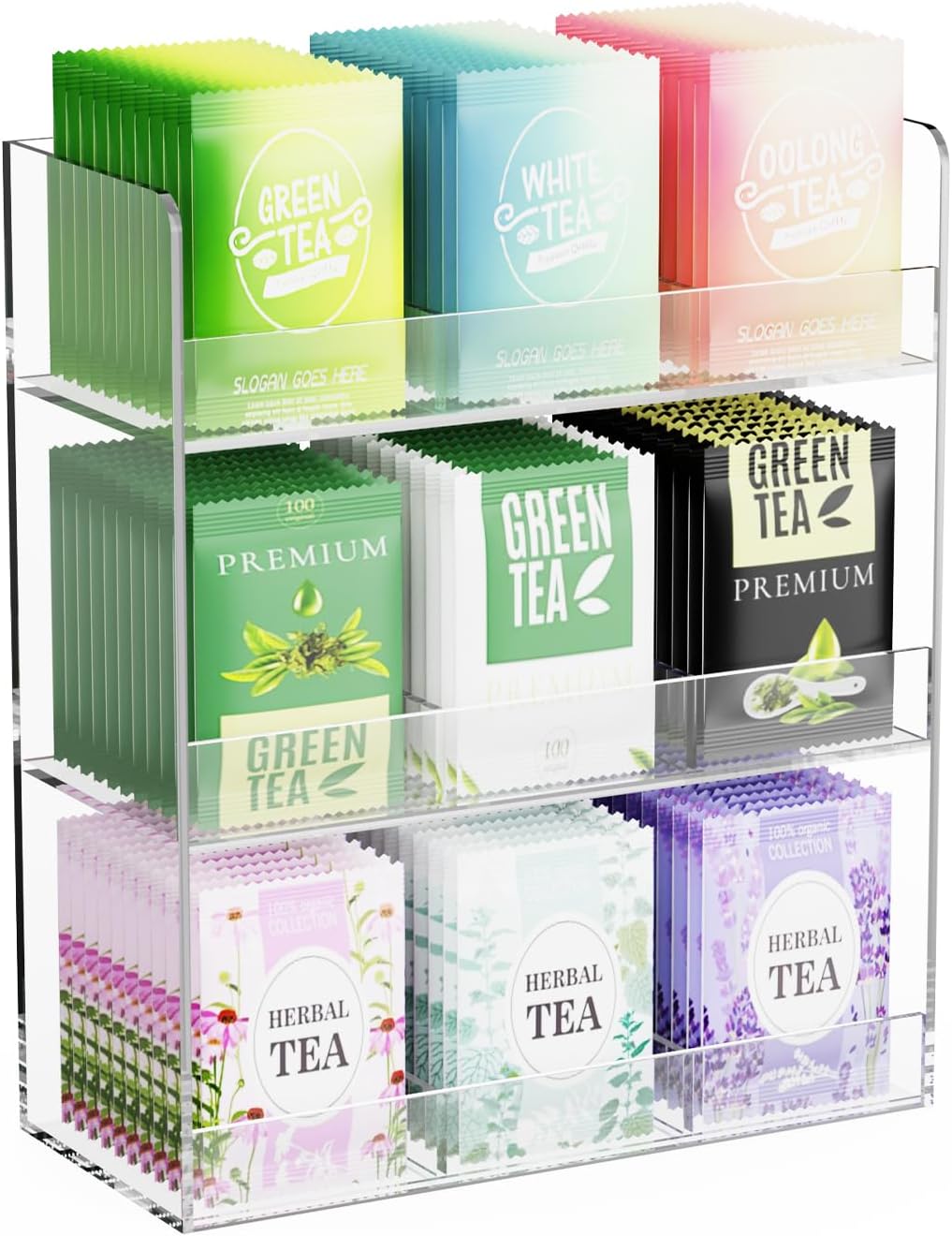 Acrylic Tea Bag Organizer, 3 Layers Tea Bag Holder for Tea Packets, No Assembly Required, Wall Mount Display Tea Caddy for Countertop or Cabinet, 9 Slots