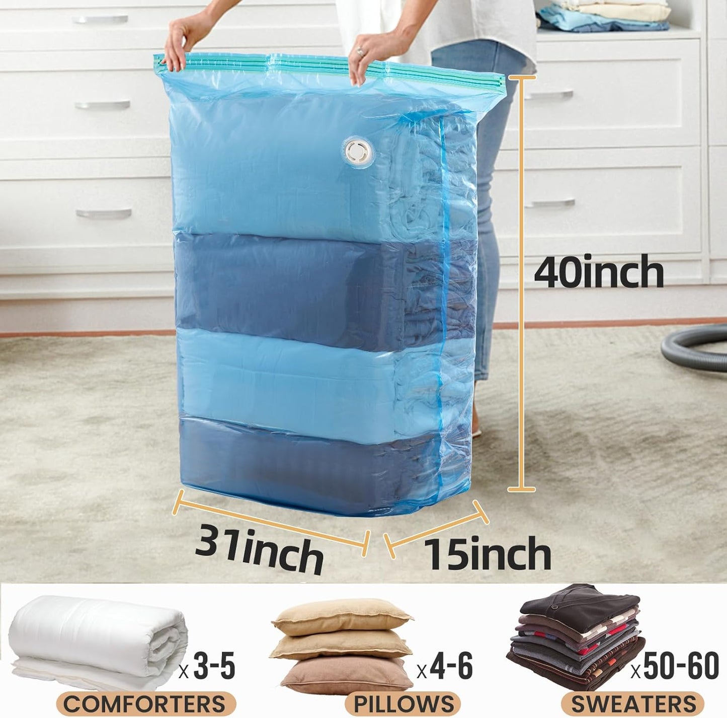 TAILI Vacuum Storage Bags 4 Pack, Jumbo Cube (31x40x15 inch), Large Vacuum Seal Bags for Clothing, Beddings Comforters, Blankets, Pillows, Saving Space in Closet, Blue