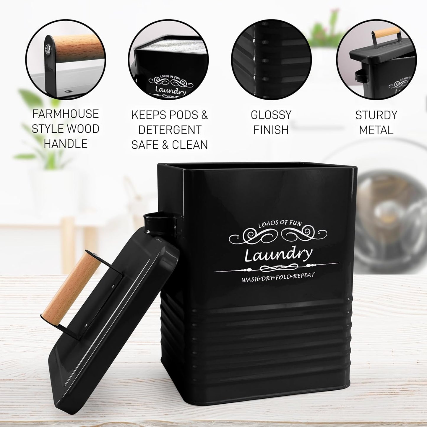 ELITAPRO Laundry Detergent Storage Container with Scoop & Lid - Modern Farmhouse Metal Powder Dispenser for Laundry Room Decor & Accessories - Organization & Storage (Black)