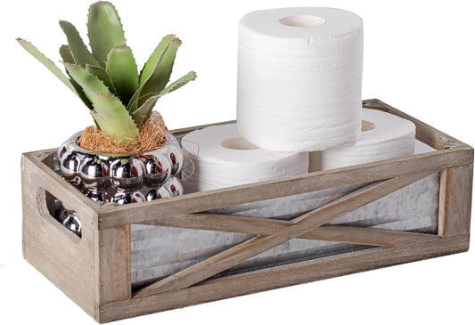 Wooden Toilet Tank Basket, Rustic Bathroom Decor Box, Farmhouse Toilet Paper Organizer Holder, Decorative Bathroom Storage Basket, Barn Door (Gray)
