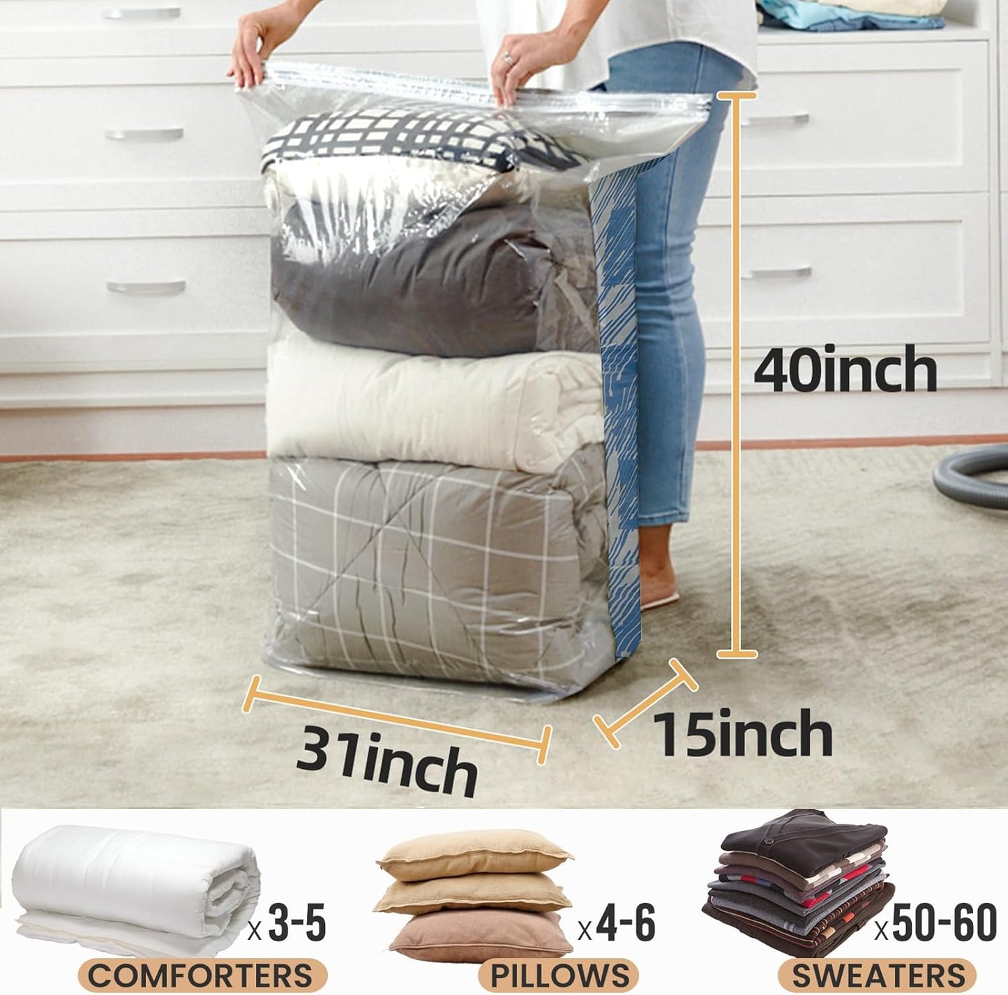 TAILI Vacuum Storage Bags 4 Pack, Jumbo Cube (31x40x15 Inch), Vacuum Seal Bags for Beddings, Comforters, Pillows, Clothes, Space Saving for Closet and Home Storage, Blue Coastline