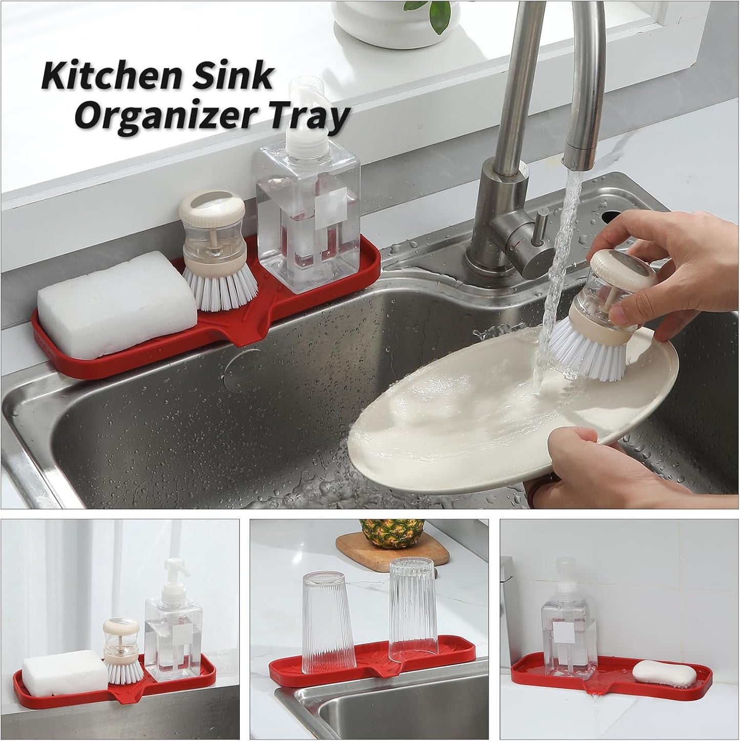 Silicone Bathroom Soap Dishes with Drain Spout-Bathroom and Kitchen Sink Organizer,Sponge Holder,Dish Soap Tray,Perfect for Dispenser,Scrubber,Bottle,Cup on Sink or Counter-Red 12"×4"