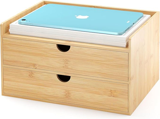 Bamboo Desk Drawer Organizer, Large Desktop Organizer with Drawers Tabletop Storage Organization Box for Office Home Toiletries Supplies Vanity, No Assembly Required (2 Drawer with Shelf)