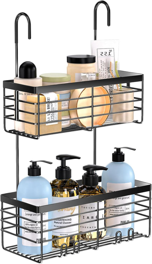 YUOROS Hanging Shower Caddy, 2 Tier Over the Door Shower Organizer Rack Organizer Stainless Steel Rustproof (Black)