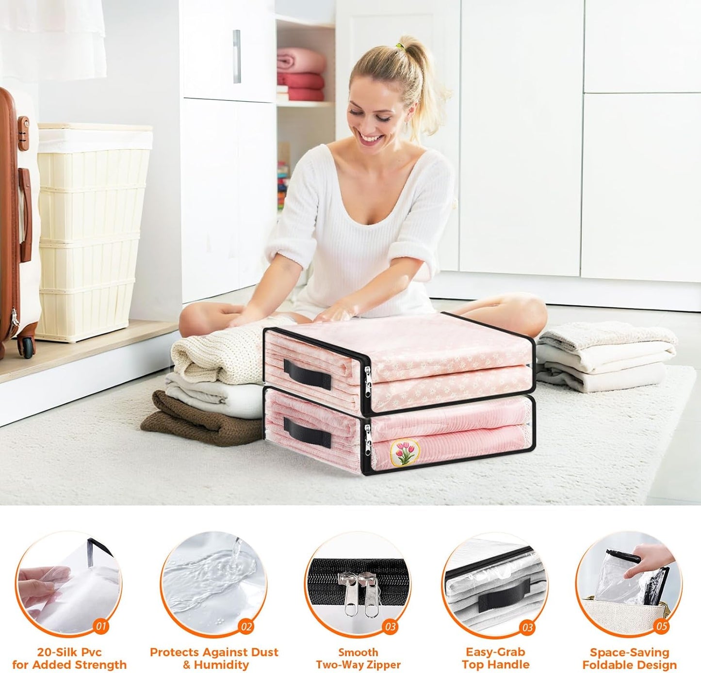 SpaceWhisper 4 Pack Clear Storage Bags, Plastic Blanket Storage Bags with Zipper and Handle, Moving Bags for Comforter, Bedding & Clothes, Closet Organizer and Under Bed Storage (15.7x13.8x3.9 Inch)