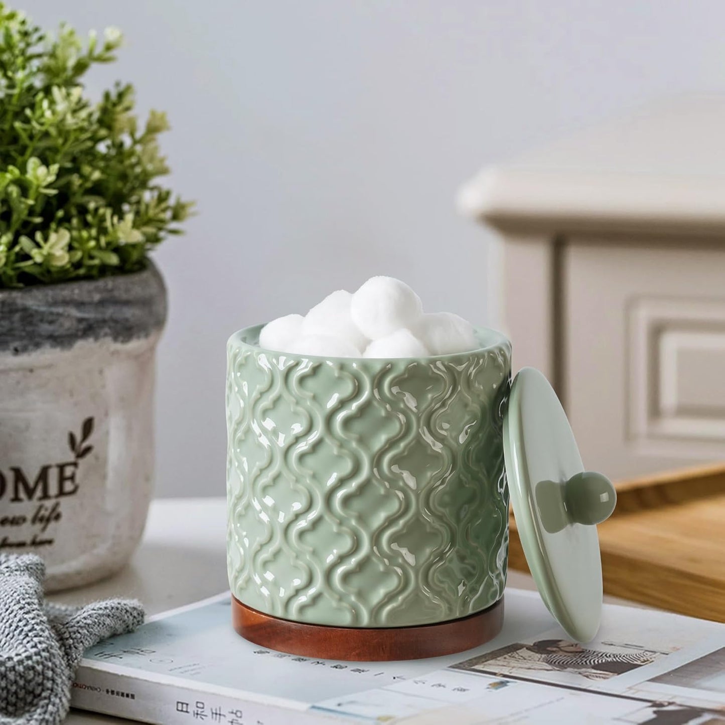 Bathroom Accessories Set 5 Pieces Toothbrush Holder Soap Dispenser Ceramic Bathroom Accessory Set Contain Cotton Swab Jar Toothbrush Cup Soap Dish Tumbler Green