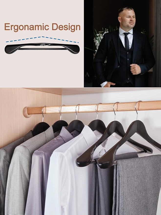 HOUSE DAY 19'' Extra Wide Shoulder Wooden Hangers 6 Pack, Premium Large Wood Suit Hangers with Non Slip Pant Holder, Wide Shoulder Hangers for Suits, Coats, Jackets, Heavy Wide Clothes Hanger, Black
