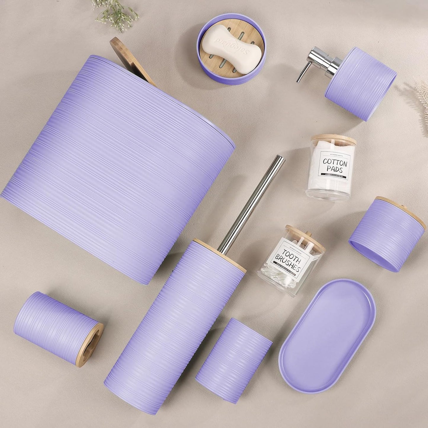 IMAVO Bathroom Accessory Set-11Pcs Purple Bathroom Accessories Set with Trash Can,Soap Dispenser,Soap Dish,Toothbrush Holder,Toothbrush Cup,Toilet Brush Set ,Qtip Holder Dispenser with Labels