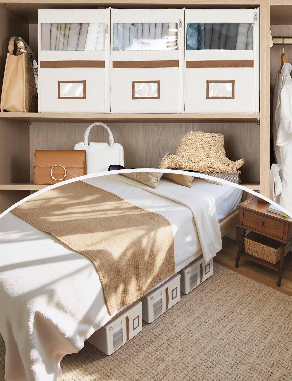 StorageWorks 3-Pack Bed Sheet Organizers and Storage, Foldable Bedsheet Holder for Linen Closet, Bedding Container with Handle, Beige, 15" D x 12¾"W x 10" H