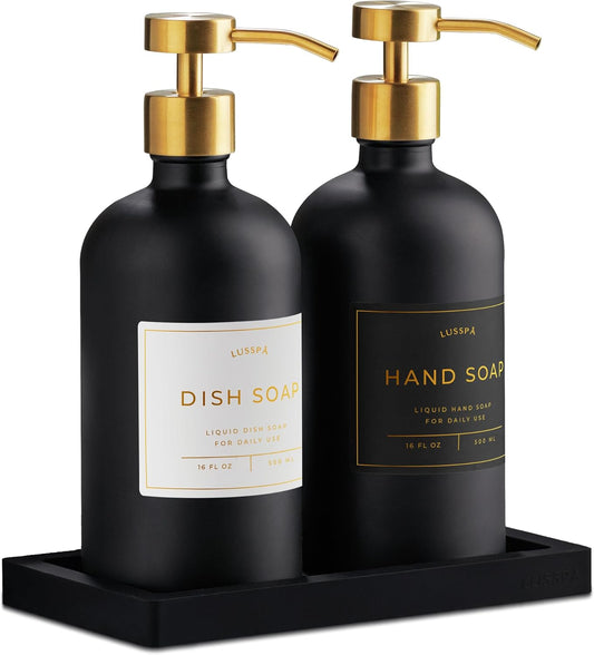 Lotion, Hand & Dish Soap Dispenser for Kitchen Sink - Bathroom Soap Dispenser Set of 2 16.8 Oz Glass Bottles with Stainless Steel Pump, 15 Water Proof Labels & Silicon Tray (Black/Gold)
