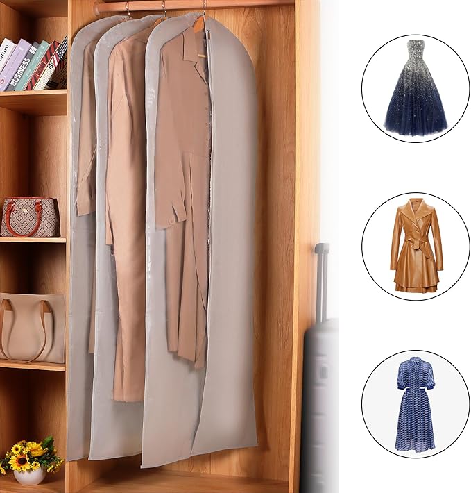 KEEGH Dress Bags for Gowns Long, 65" Dress Garment Bags for Hanging Clothes, Dress Covers Dress Bags for Closet Storage, Long Garment Bags for Dresses, Gowns with Big Clear Window, 6Pack, Grey