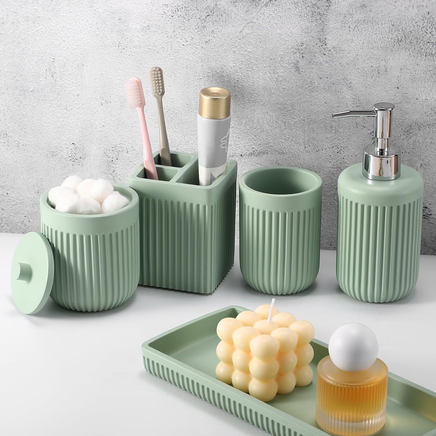 Resin Light Green Bathroom Accessories Set 5 Pcs, Lotion Soap Dispenser, Toothbrush Holder, Bathroom Tumbler, Qtip Holder and Vanity Tray, Bathroom Countertop Organizer Set for Modern Apartment