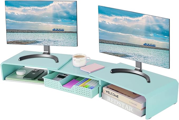 Dual Monitor Stand Riser with Drawer, Desk Organizer and Accessories, Metal Laptop Stand for Desk, Workspace Desktop Stand for Computer, Laptop, TV and More (Sky Blue)