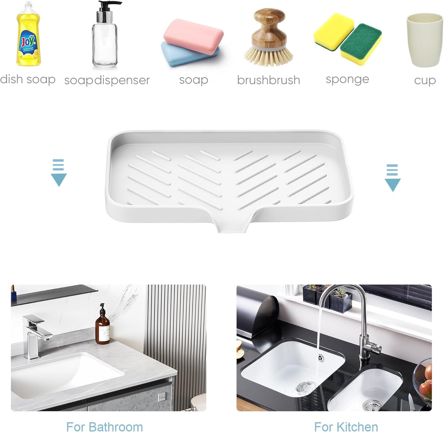 Kitchen Sink Tray,3 Pcs Silicone Sponge Holder for Kitchen Sink Organizer, Kitchen Soap Tray Self Draining Soap Dish for Bathroom