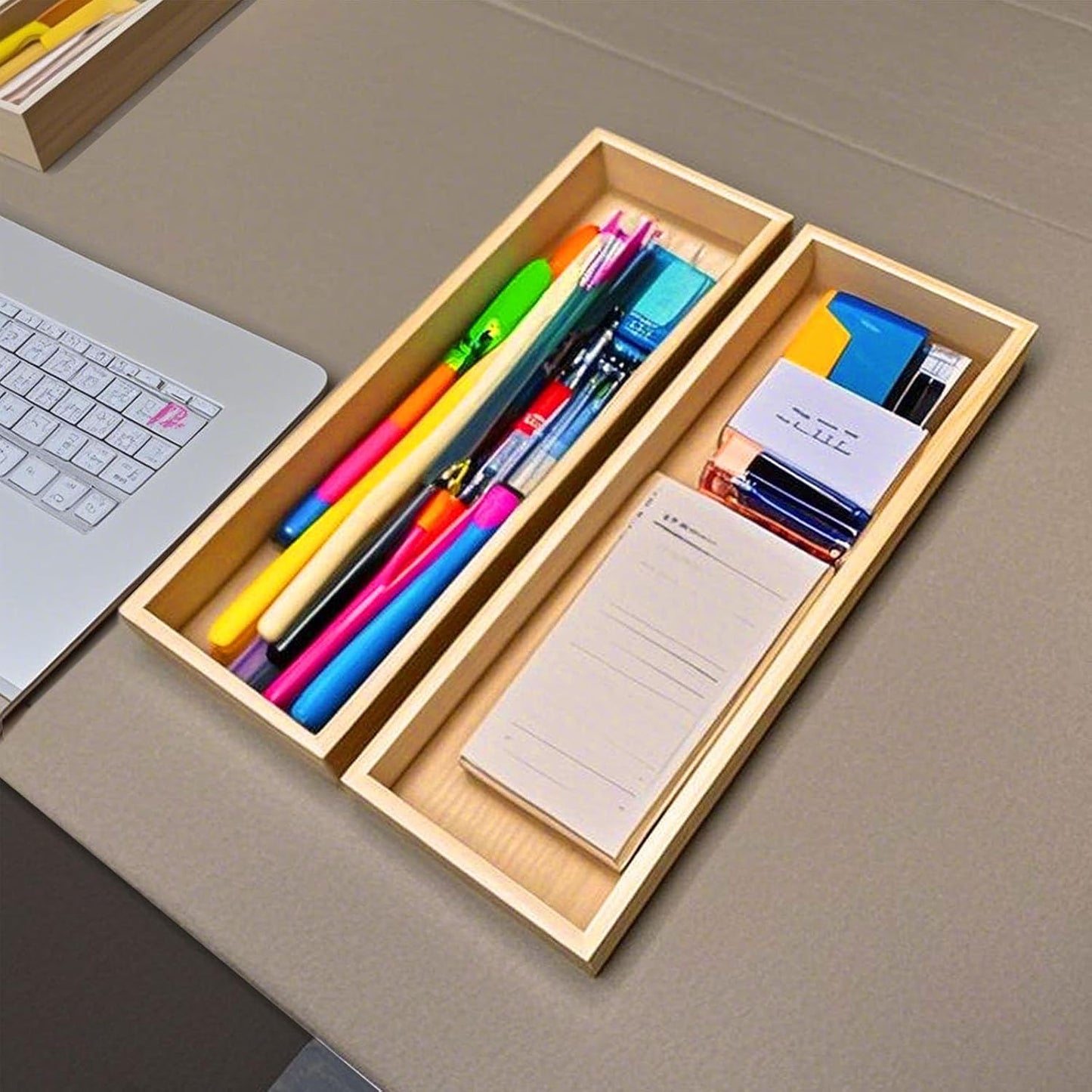 Bamboo Drawer Organizer, Utensil Organizer for Kitchen, Bamboo Storage Box Wood Silverware Tray for Drawer Set of 2