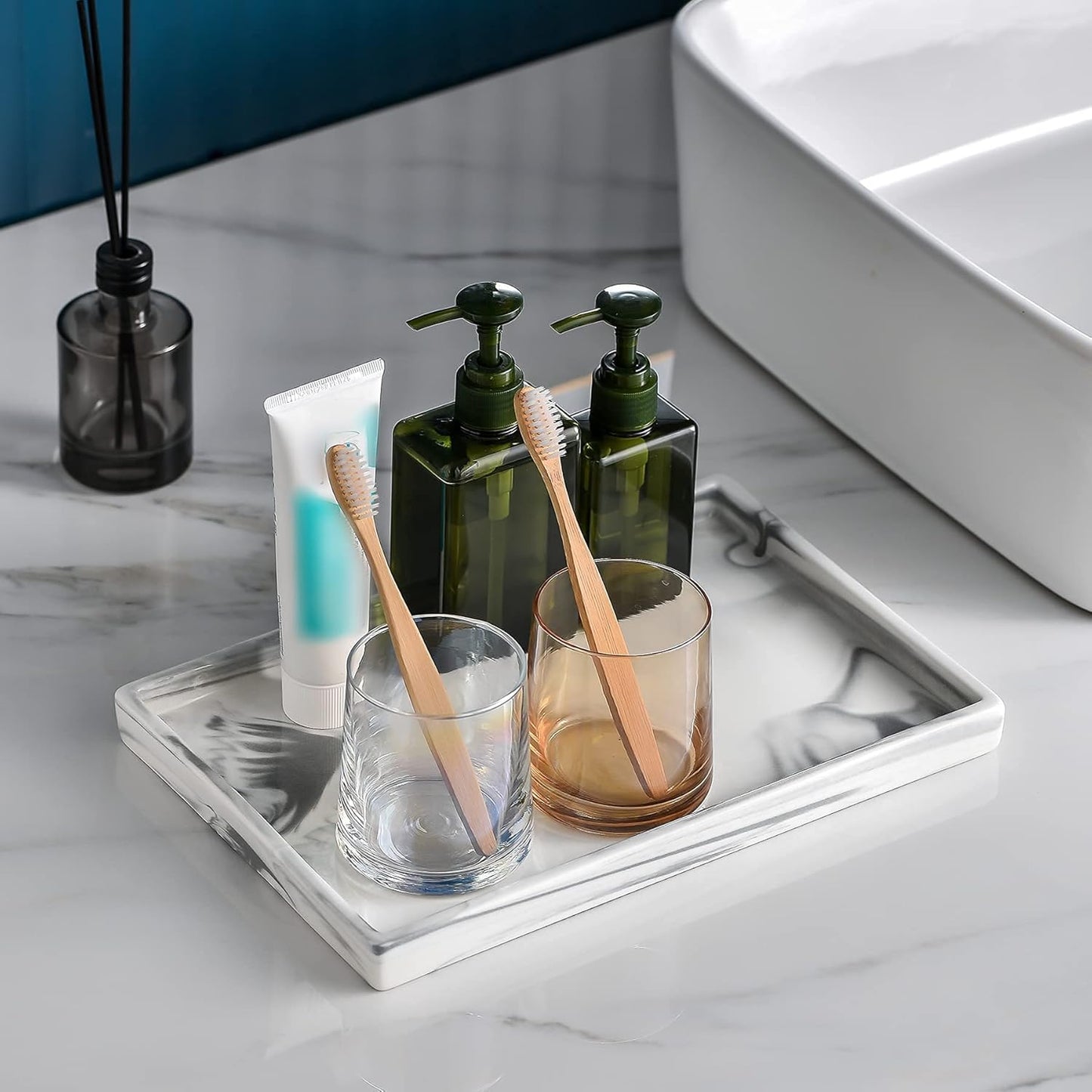 Ceramic Vanity Bathroom Tray Marble Decor Holder and Organizer for Jewelry Perfume Candle Soap Plant Towel Cosmetic Act Large Tray