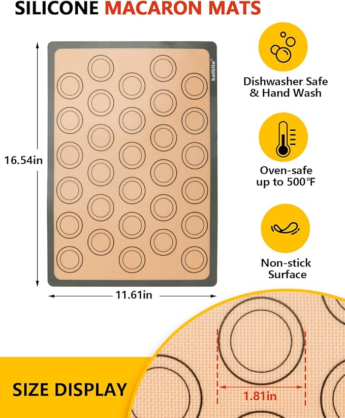 Macaron Silicone Baking Mats, Katbite Silicone Macaroons Baking Mat Set of 2 Half Sheet (11 5/8" x 16 1/2") Reusable & Nonstick Macarons Baking Supplies Silicone Bakeware Mats for Macarons Cookies