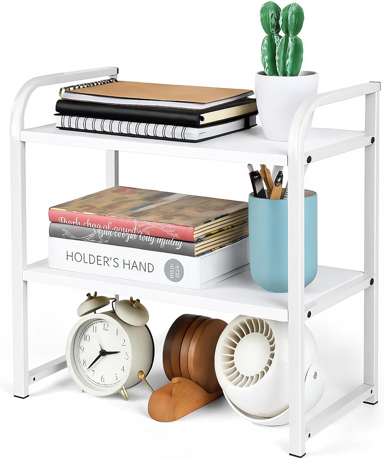 Desktop Shelf Organizer, 2-Tier Office Desk Shelf for Top of Desk, Wood & Metal Bookshelf Supplies Storage Rack (White)
