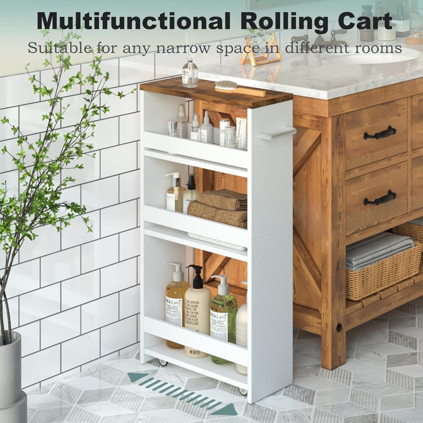 MARTY Rolling Storage Cart 4-Tier White Kitchen Cart with Wheels,Slim Storage Cart with Handle Slide Out Utility Cart Shelving Unit Organizer Trolley for Laundry Narrow Places Bathroom Small Corner
