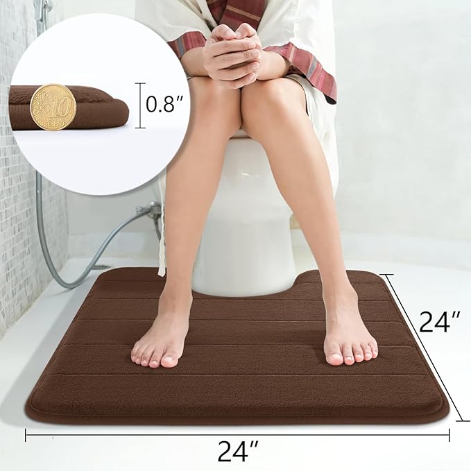 Yimobra Memory Foam Toilet Bath Mat U-Shaped, Soft and Comfortable, Super Water Absorbent, Non-Slip, Machine Wash and Easy to Dry for Bathroom Commode Contour Rug, 24 X 24 Inches, Brown