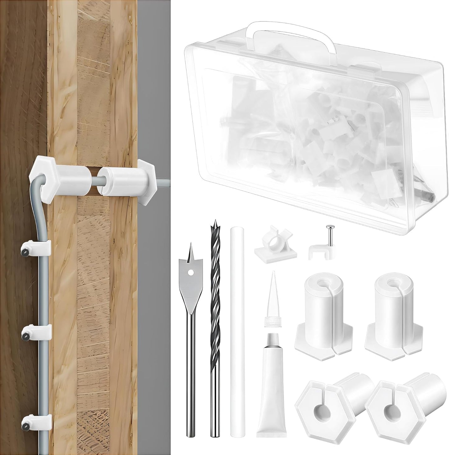 Saillong Cable Routing Kit for 3/4 Inch Wall Hole Compatible with Starlink, 4 Pcs Cable Grommet for Wall Pass Through, Mounting Kit Include 3/4'' Spade Drill Bit Wires Clips Routing Tool,Total 59 Pcs